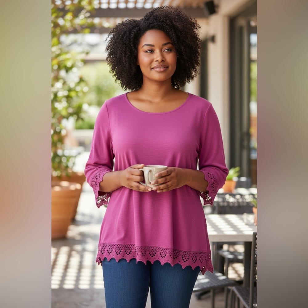 Soft Surroundings Magenta Lace Hem Blouse EUC
